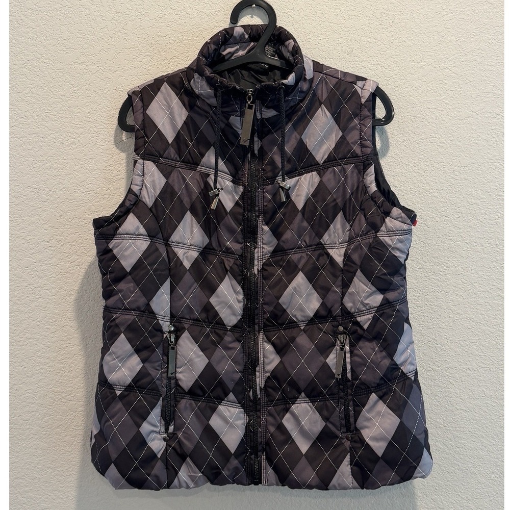 Vanity Women's Quilted Plaid Argyle Preppy Puffer Vest Women's Size L